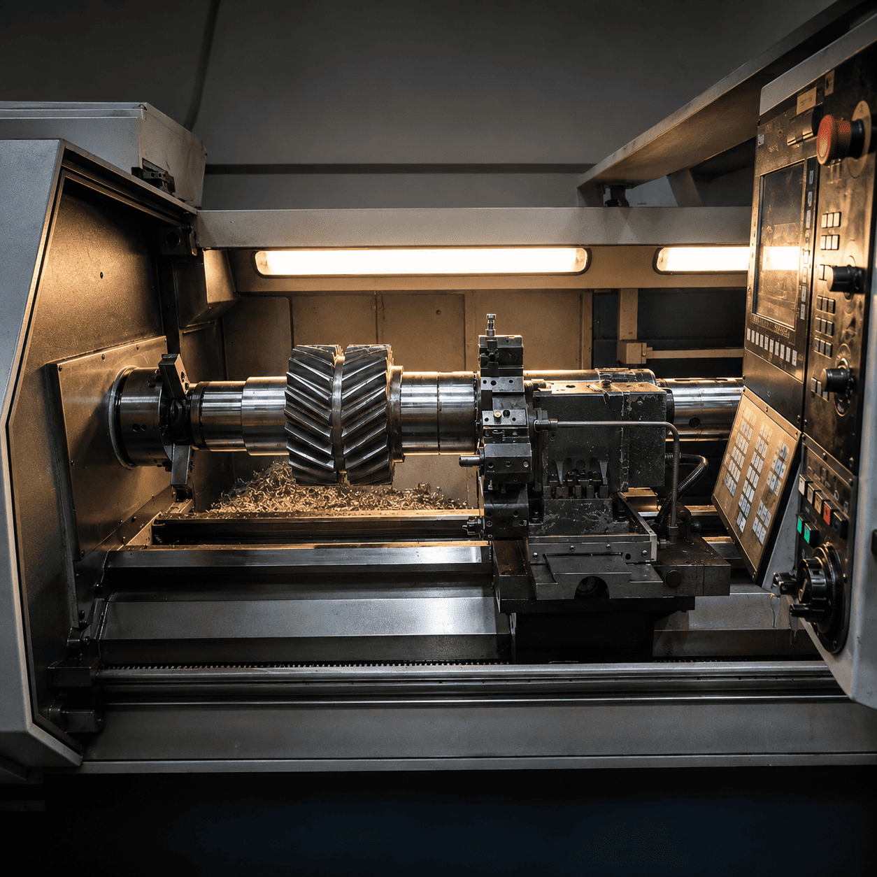Eixo dentado durante processo de usinagem em torno CNC.